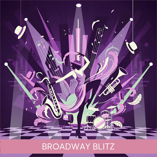 A stylized illustration for broadway blitz gymnastics floor music featuring a jazz musician with instruments on purple background
