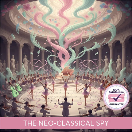 A grand piano with glossy rosewood finish in an ornate hall under pastel symphonic energy for neo-classical spy gymnastics floor music