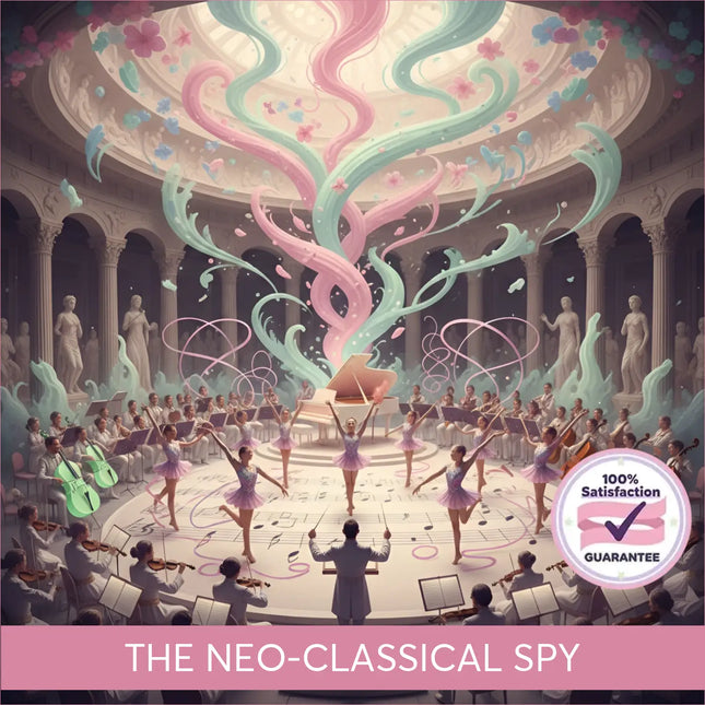 A grand piano with glossy rosewood finish in an ornate hall under pastel symphonic energy for neo-classical spy gymnastics floor music
