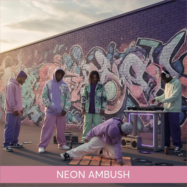 Purple teal graffiti brick wall for Neon Ambush Epic hip-hop gymnastics floor music