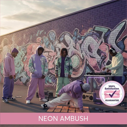 Purple and teal graffiti-covered brick wall background for neon ambush hip-hop gymnastics floor music cover art