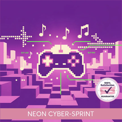 Purple pixelated video game controller with cream buttons set against a neon chiptune gymnastics floor cityscape