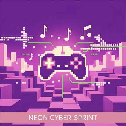 Purple pixelated video game controller on chiptune gymnastics floor cityscape