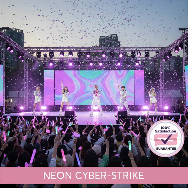 Five performers in white dance on a purple-lit stage with confetti to neon cyber strike gymnastics floor music