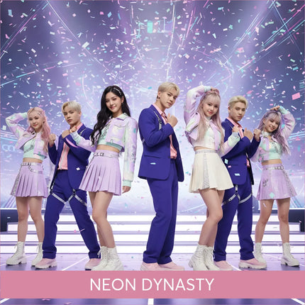 Neon Dynasty K-Pop group in iridescent pastel jackets for gymnastics floor music
