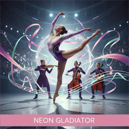 Graceful gymnast in purple pink leotard does aerial pose for modern orchestral gymnastics floor music