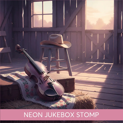 Polished violin on floral cloth atop hay bale for Neon Jukebox Stomp country gymnastics floor music