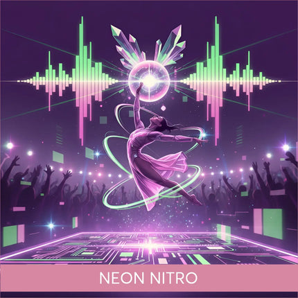 Glowing pink purple techno EDM disco ball over gymnast on gymnastics floor