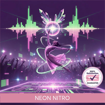 A glowing pink and purple futuristic disco ball with crystalline facets above a dancer on a techno gymnastics floor music setup