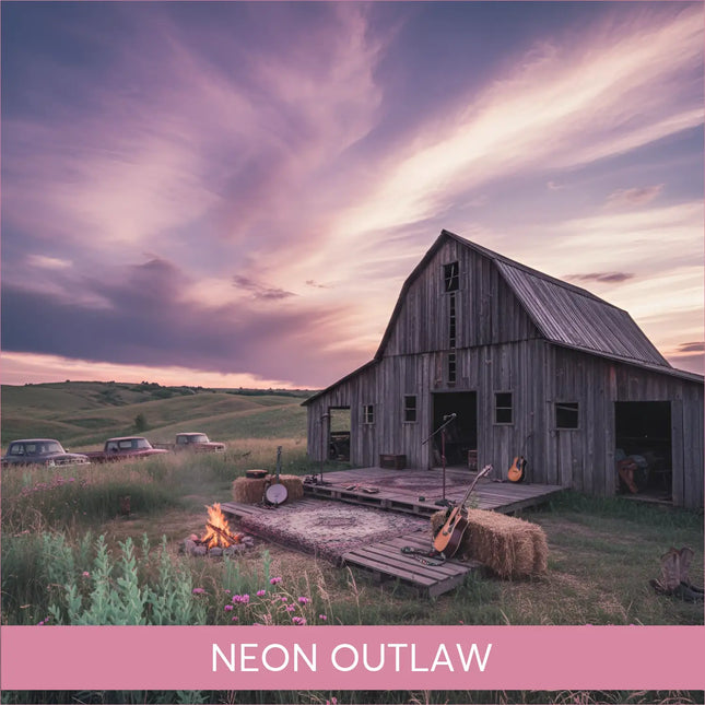 Weathered barn at neon sunset for Neon Outlaw Country Rock gymnastics floor music