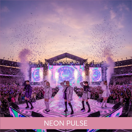 Five K-Pop performers on Neon Pulse gymnastics floor music LED stage with confetti