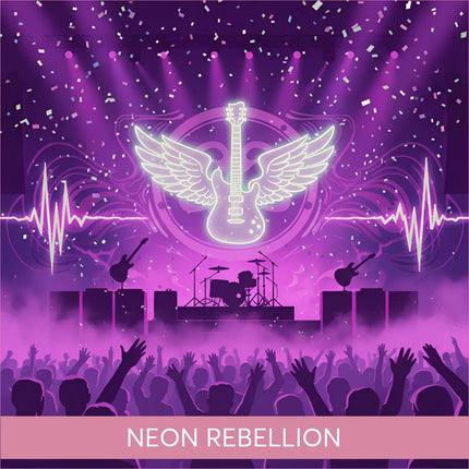 Neon purple winged guitar logo on Neon Rebellion Rock gymnastics floor music