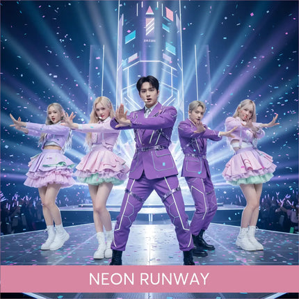 K-pop Neon Runway gymnastics floor music model in purple suit boots