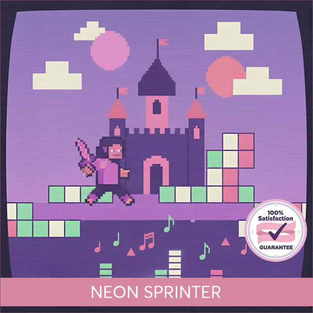 Pixelated purple castle with pink towers under twilight sky on neon sprinter chiptune video game music cover