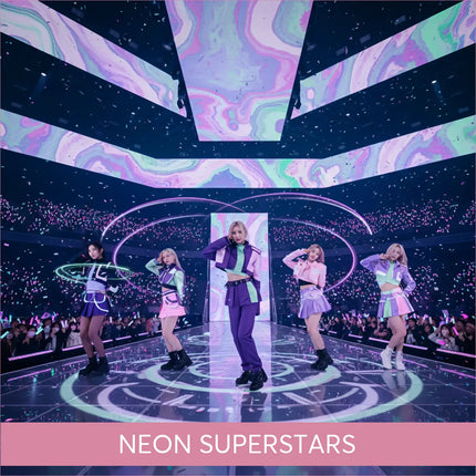 Purple pink futuristic gymnastics floor stage with Neon Superstars K-Pop music lights