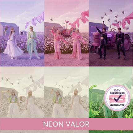 Two women in pastel outfits in a farm setting for neon valor k-pop gymnastics floor music product shoot