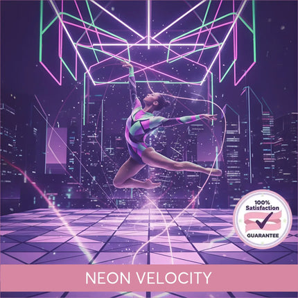 A gymnast in a vibrant geometric leotard performs mid-air amid neon-lit techno edm music cityscape background