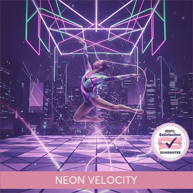A gymnast in a vibrant geometric leotard performs mid-air amid neon-lit techno edm music cityscape background