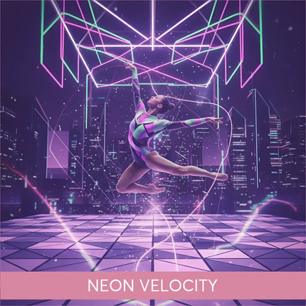 Gymnast in vibrant leotard mid-air over neon city for Neon Velocity techno gymnastics floor music