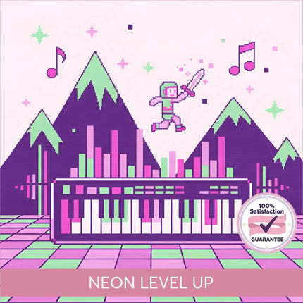A pixel-art keyboard with white and pink keys set in a retro-futuristic scene for neon video game gymnastics floor music