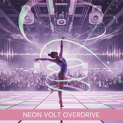Dancer in shimmering purple sequined leotard for Neon Volt Overdrive Techno EDM gymnastics floor music