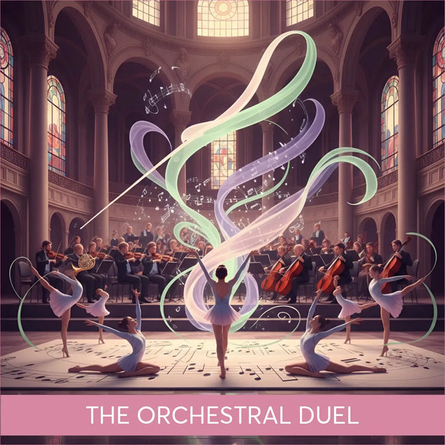 Vibrant orchestral duel gymnastics floor music with ballet dancers and swirling notes