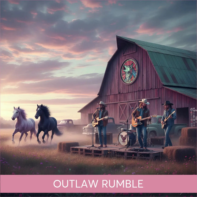 Red barn with green roof howling wolf window for Outlaw Rumble country rock gymnastics floor music