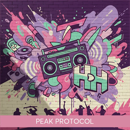 Vibrant teal purple boombox graffiti on Peak Protocol hip-hop gymnastics floor music