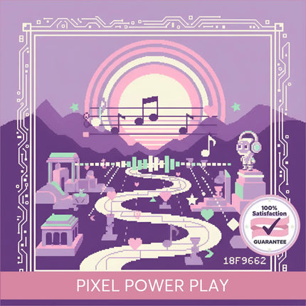 Pixel power play chiptune gymnastics floor music with pixel art video game style purple mountains and musical notes design