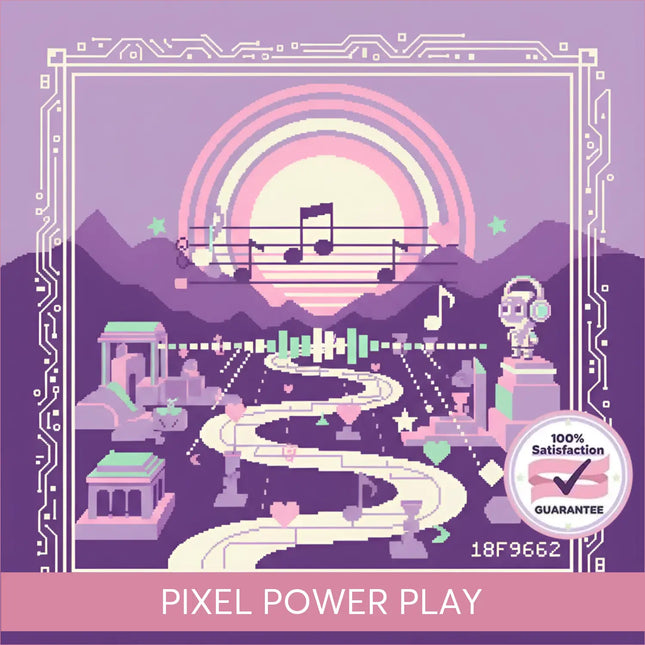Pixel power play chiptune gymnastics floor music with pixel art video game style purple mountains and musical notes design