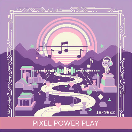 Pixel art video game gymnastics floor music with purple futuristic landscape