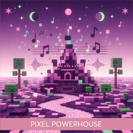 Pixelated video game castle in purple pink for high energy gymnastics floor music