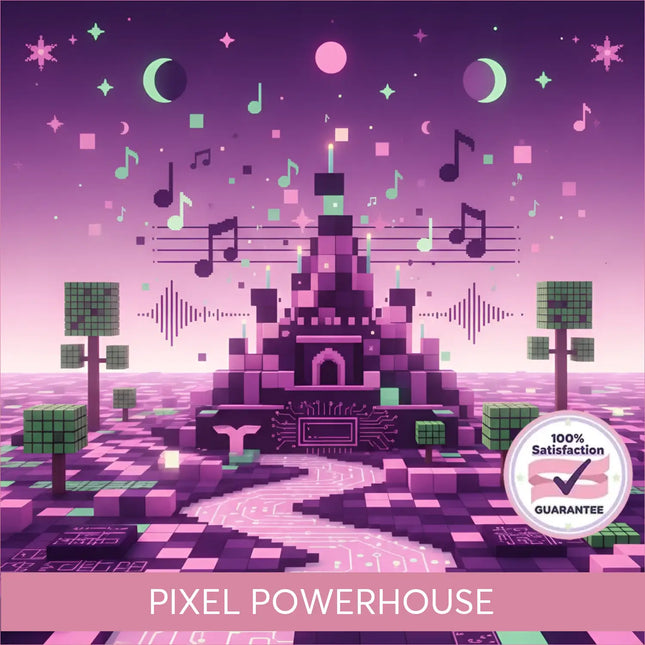 A pixelated purple and pink castle made of circuit board cubes for high energy gymnastics floor music fun