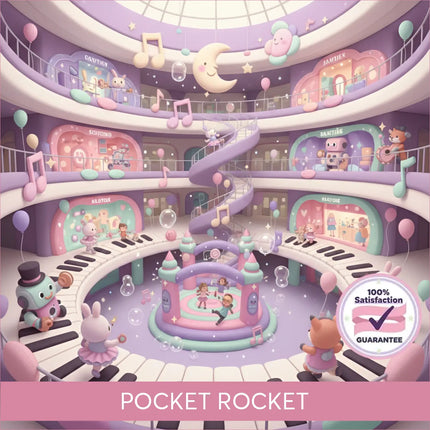 Pastel purple and pink pocket rocket whimsical gymnastics floor music arcade with cartoon characters balloons and notes