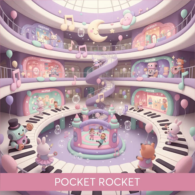 Pastel purple and pink pocket rocket whimsical gymnastics floor music arcade with cartoon characters and floating notes