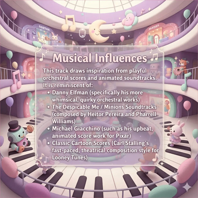 Pastel purple and pink illustrated pocket rocket whimsical gymnastics floor music poster with cartoon characters on piano keys