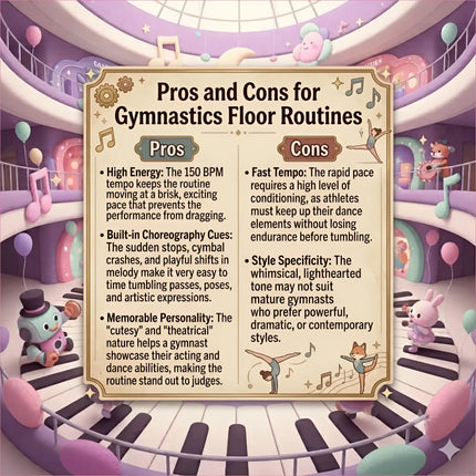 A whimsical purple and pink infographic showing pros and cons of gymnastics floor routines for pocket rocket music