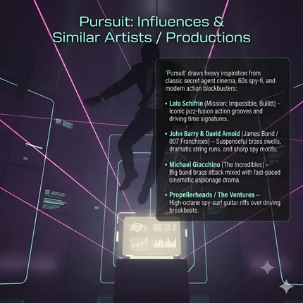 A silhouette of a man in a dark suit with glowing pink lasers for pursuit action movie gymnastics floor music