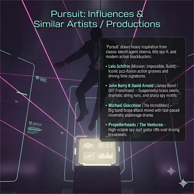 A silhouette of a man in a dark suit with glowing pink lasers for pursuit action movie gymnastics floor music