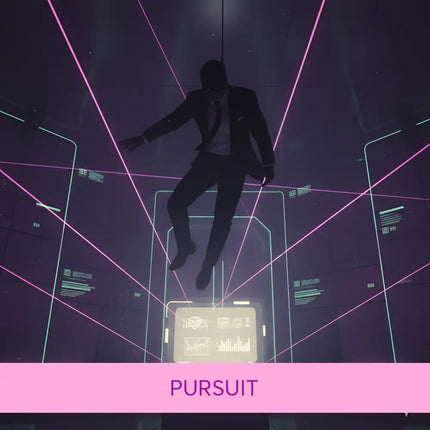 A sleek black suit with a white shirt and dark tie worn by a figure mid-air against neon grids for gymnastics floor music action movie soundtrack
