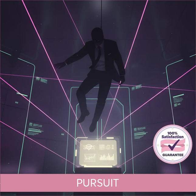 A sleek black suit with a white shirt and dark tie worn by a figure mid-air against neon grids for gymnastics floor music action movie soundtrack