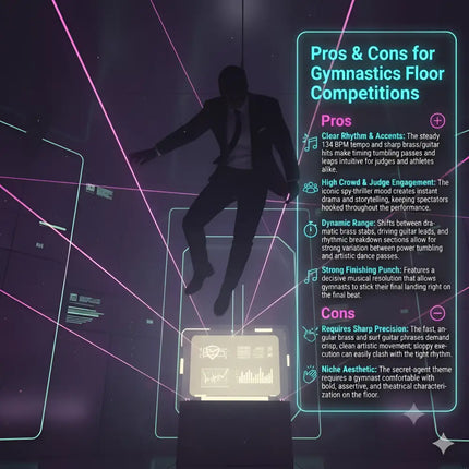 A sleek man in a dark suit jumps mid-air in a neon-lit scene for pursuit action movie gymnastics floor music