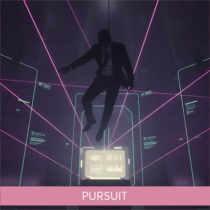 A sleek black suit with a white shirt and dark tie worn by a figure mid-air against neon grids for gymnastics floor music action movie soundtrack