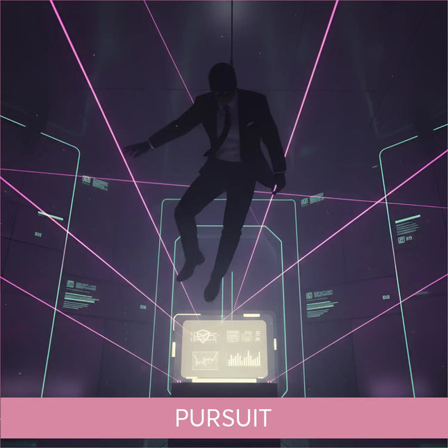 A sleek black suit with a white shirt and dark tie worn by a figure mid-air against neon grids for gymnastics floor music action movie soundtrack