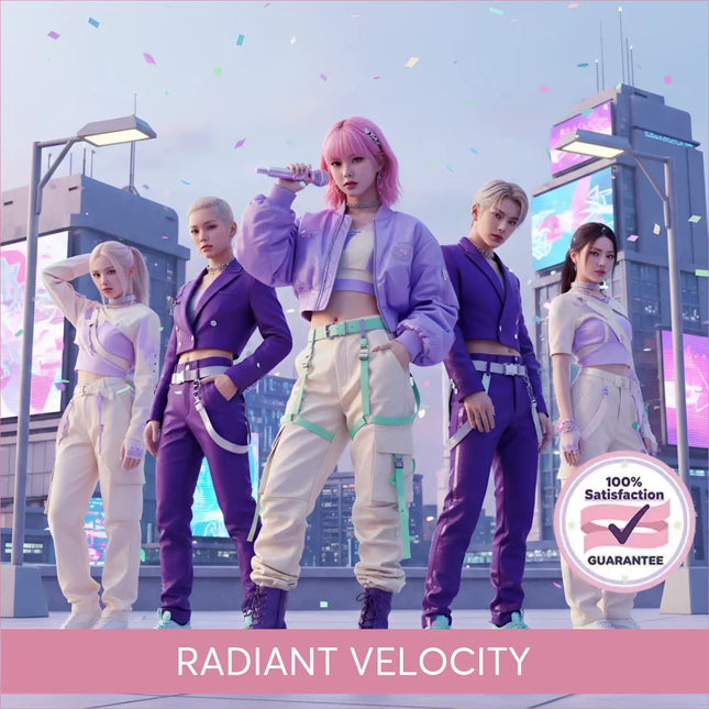 The central figure wears a lavender cropped bomber jacket with embroidery and beige cargo pants for k-pop gymnastics floor use