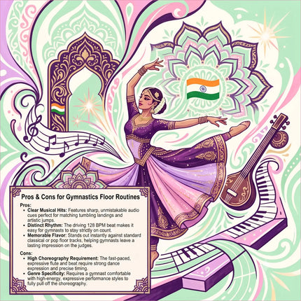 A vibrant purple and gold traditional indian dancer posed beside an ornate mandala with the indian flag for bollywood gymnastics floor music