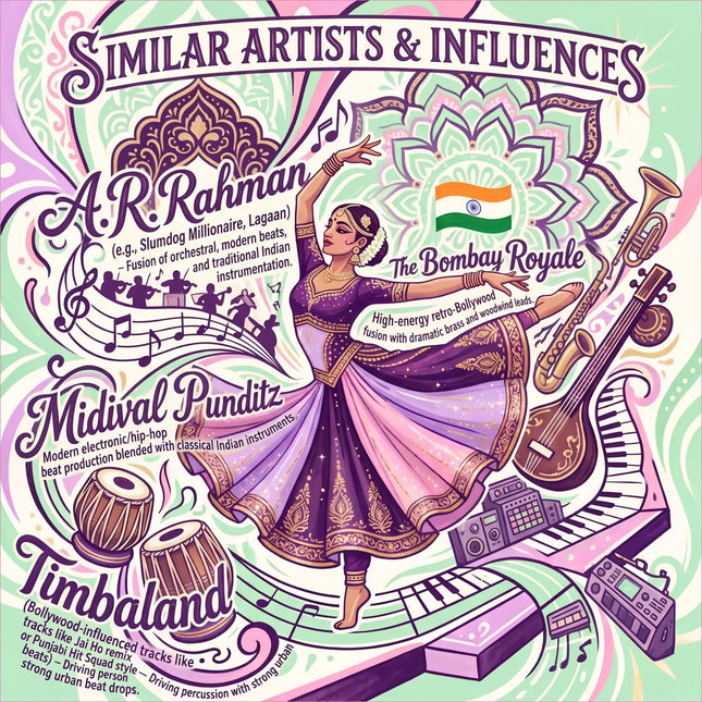 A vibrant purple and gold indian dancer in an ornate lehenga for rani’s ascent bollywood gymnastics floor music