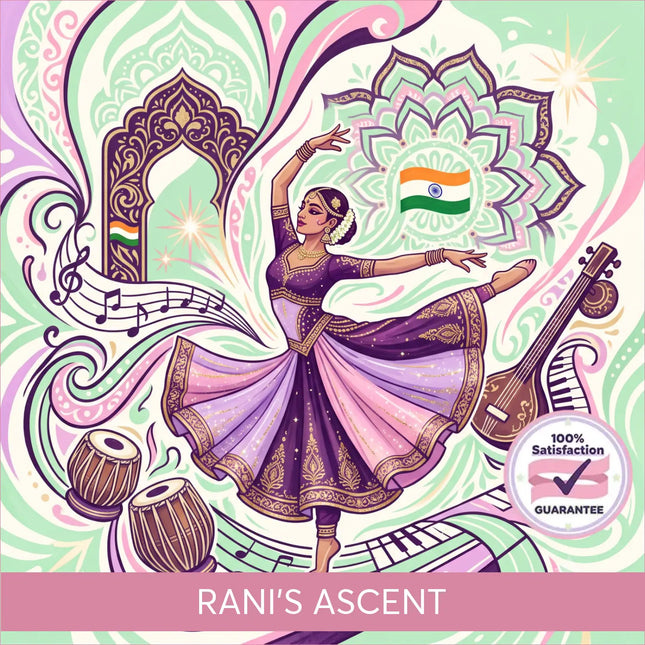 A woman in a flowing purple and gold traditional costume poses gracefully for rani’s ascent bollywood gymnastics floor music