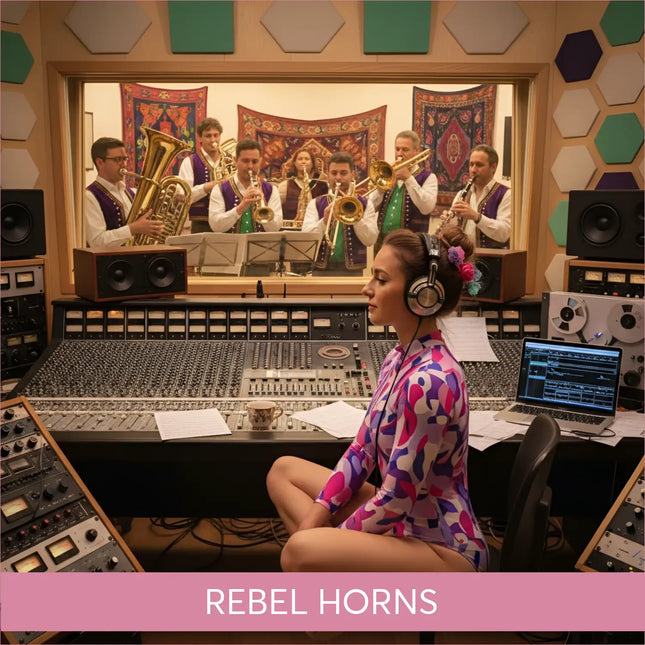 Woman in a purple pink white geometric leotard sitting at mixing console for rebel horns gymnastics floor music brass