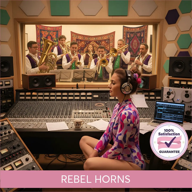 Woman in a purple pink white geometric leotard sitting at mixing console for rebel horns gymnastics floor music brass